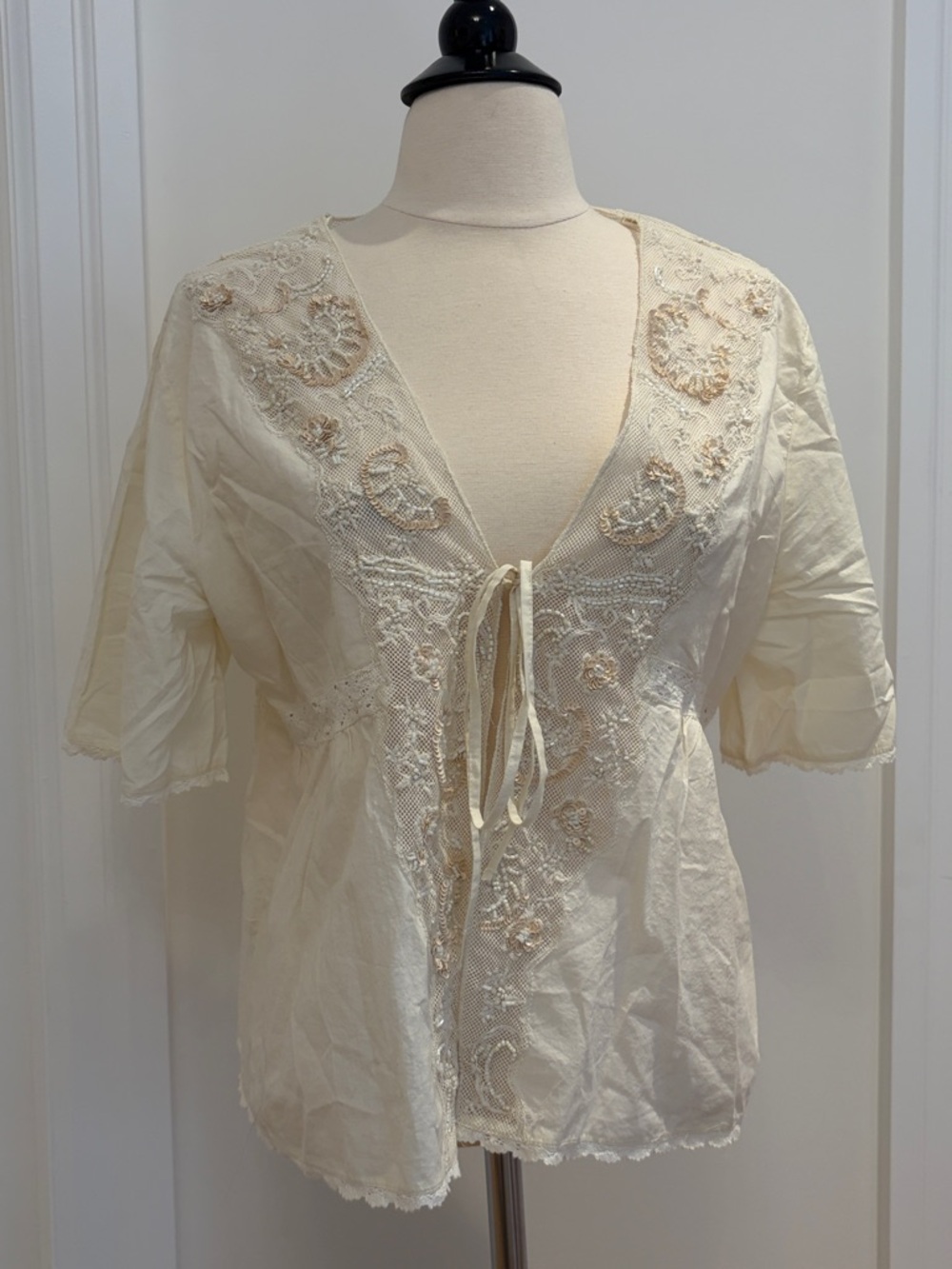 Zara Cream Embroidered Tie-Front Blouse